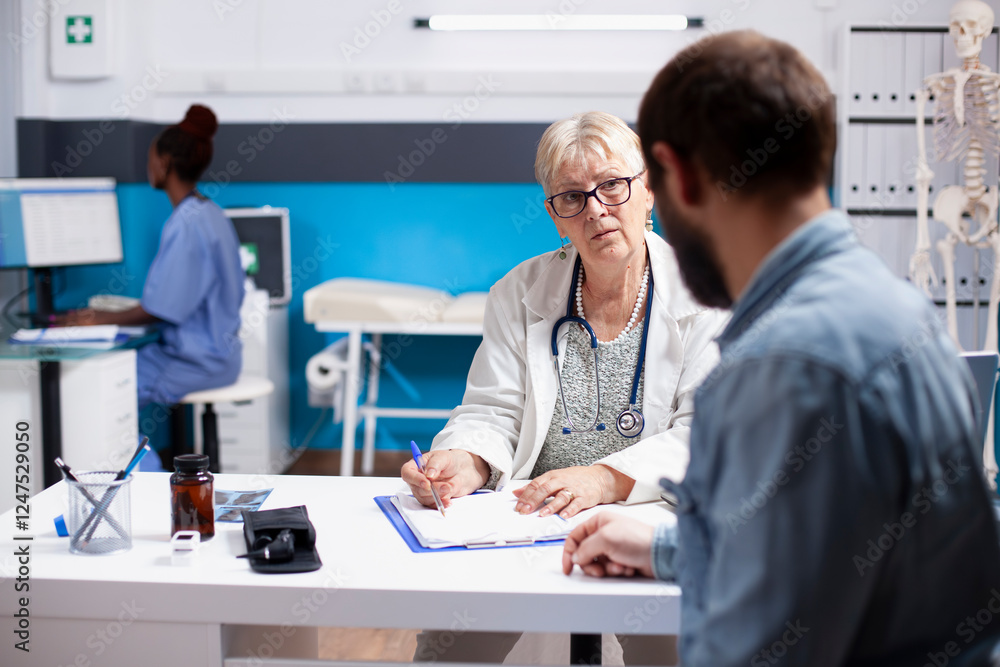 Retired female physician with clipboard consulting with young male patient in clinic as nurse works in background. Elderly doctor listening to man with beard and writing his medical symptoms. Retired female physician with clipboard consulting with young male patient in clinic as nurse works in background. Elderly doctor listening to man with beard and writing his medical symptoms.