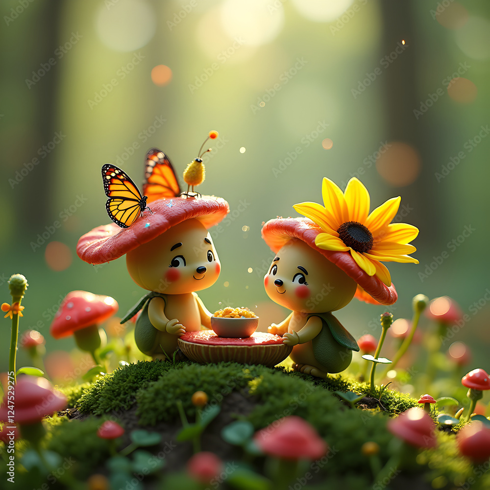 Fototapeta premium Two cute mushroom characters sharing meal in vibrant forest setting