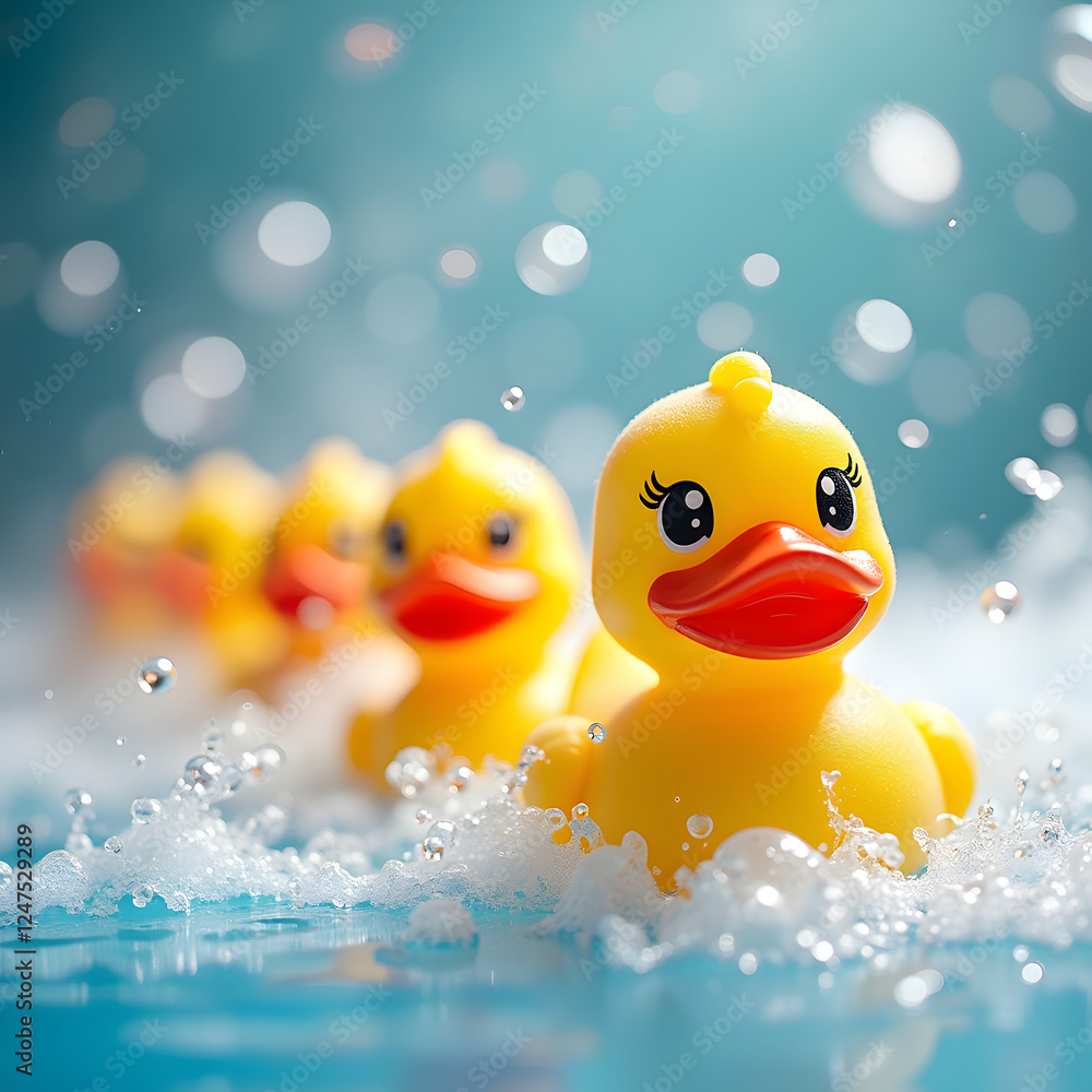 playful scene of yellow rubber ducks floating in bubbly water playful scene of yellow rubber ducks floating in bubbly water