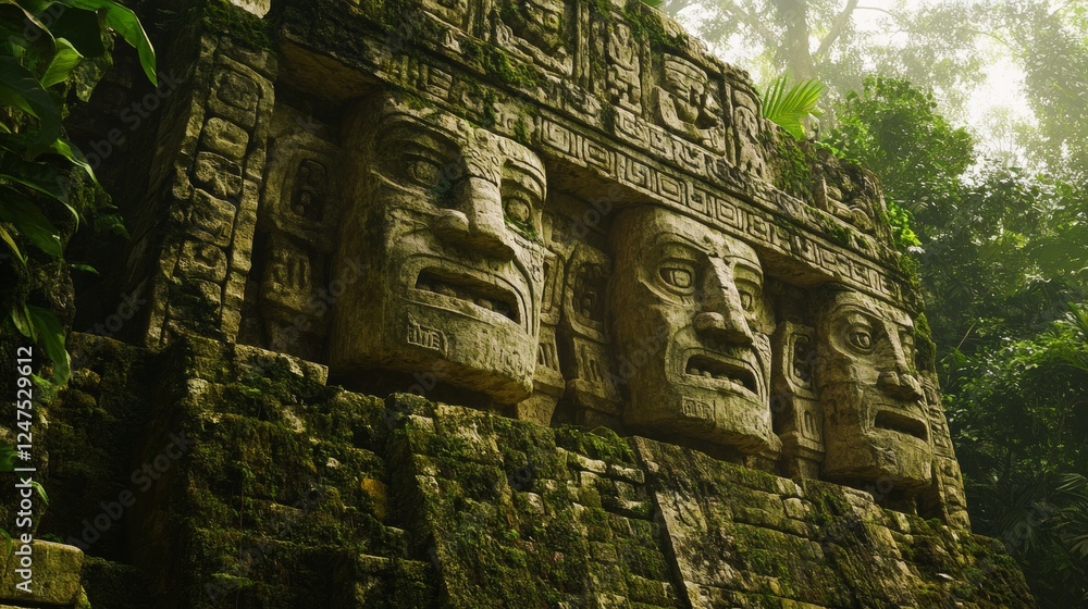 Fototapeta premium Buried deep in the jungle lies an ancient pre-Columbian temple, part of the Maya, Inca, or Aztec heritage. The temple features a deity carved into the rock, with its mouth serving as the cave's