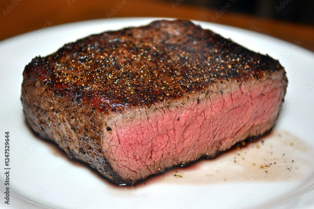 Piece of meat is on a white plate with a sprinkle of salt and pepper Piece of meat is on a white plate with a sprinkle of salt and pepper