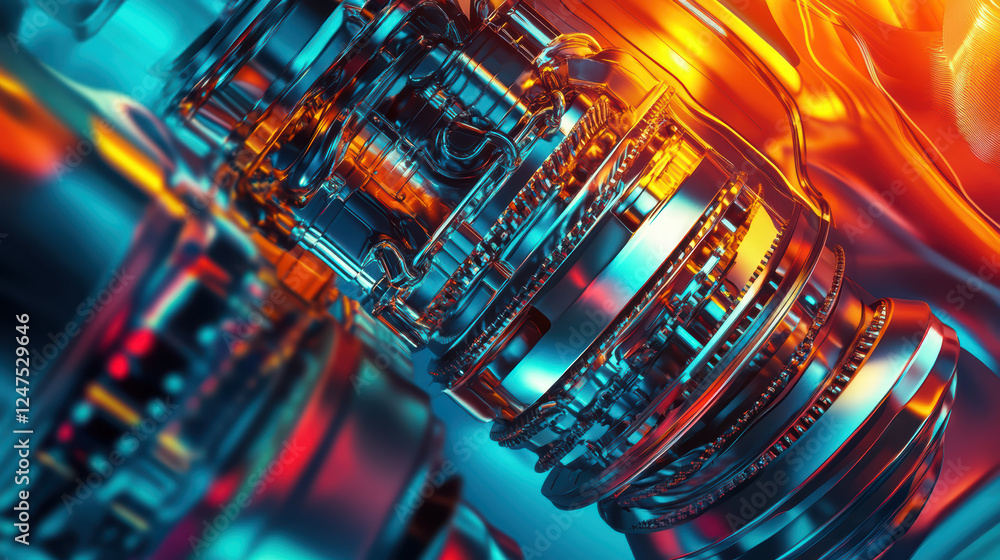 abstract representation of engine with vibrant colors and intricate details, showcasing blend of metallic and glass like textures. image evokes sense of innovation and technology abstract representation of engine with vibrant colors and intricate details, showcasing blend of metallic and glass like textures. image evokes sense of innovation and technology