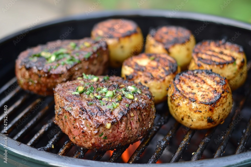 Grill with a steak and potatoes on it Grill with a steak and potatoes on it