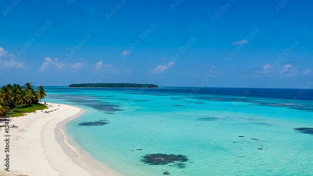 A stunning coastal view featuring a white sandy beach, turquoise waters, and a distant lush green island under a clear blue sky. A stunning coastal view featuring a white sandy beach, turquoise waters, and a distant lush green island under a clear blue sky.
