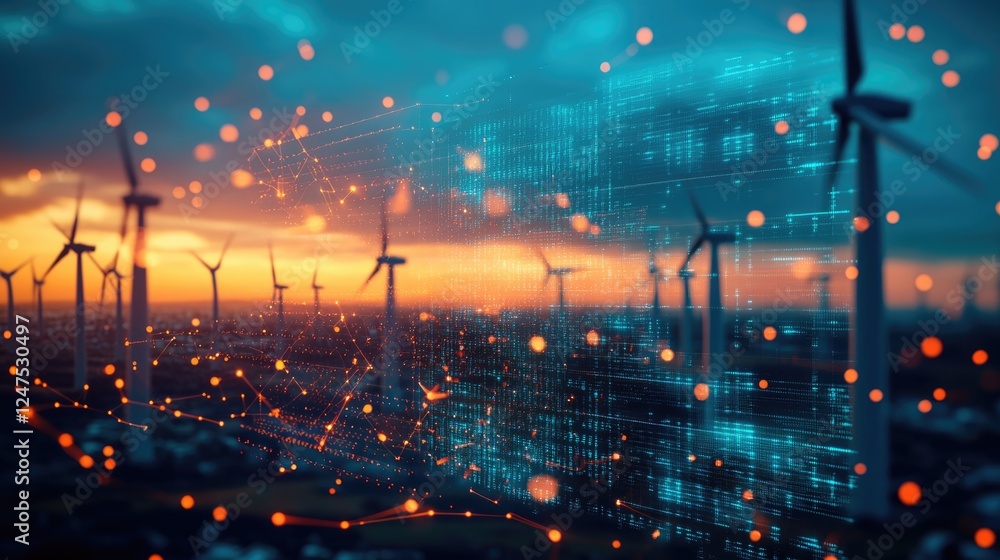 Fototapeta premium futuristic graphic icon of wind turbine data base network connection technology of Scada system at wind power plant.