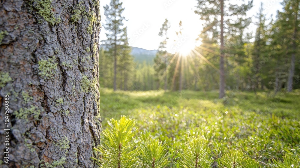 Obraz premium Sunlit forest scene, pine tree bark close-up, nature background, ideal for eco-tourism brochure