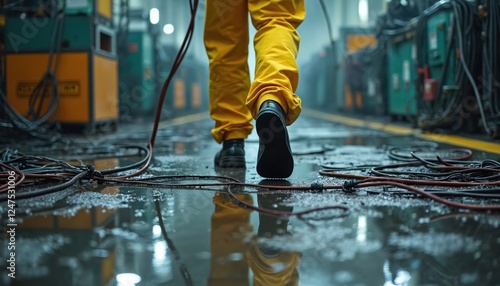 Worker walks over wet factory floor cluttered with scattered cables. Unsafe conditions create tripping hazard. Industrial environment shows potential risk. Maintenance work happening in factory.