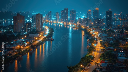 Night Cityscape: Barranquilla's illuminated waterfront at twilight, showcasing its vibrant architecture and tranquil waterways.