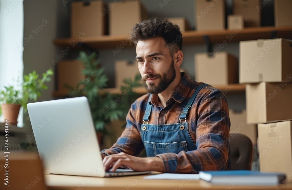 Man works on laptop in home office. Focused young entrepreneur manages small business online. Checks orders, manages inventory. Home office workspace filled with cardboard boxes. Shipping, logistics Man works on laptop in home office. Focused young entrepreneur manages small business online. Checks orders, manages inventory. Home office workspace filled with cardboard boxes. Shipping, logistics