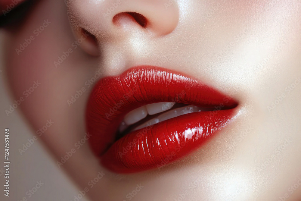 Close-up of Glossy Red Lips and White Teeth Close-up of Glossy Red Lips and White Teeth