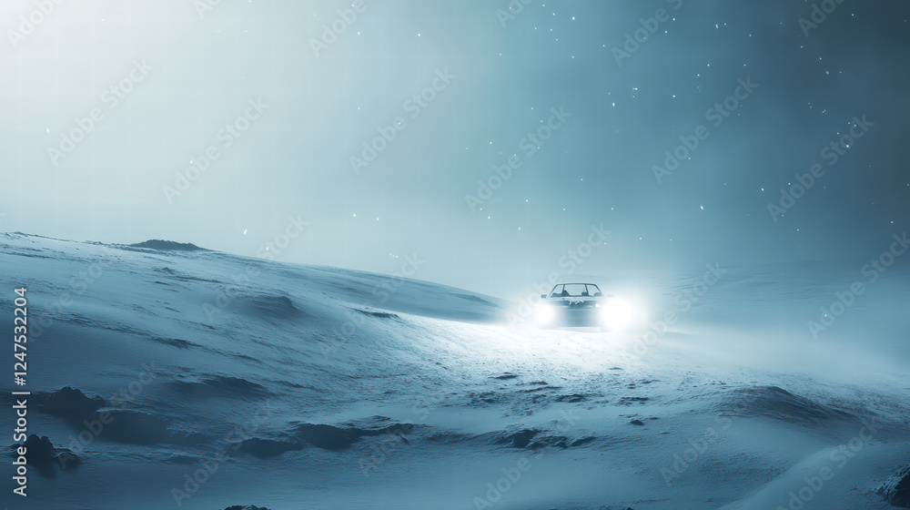 Fototapeta premium car headlights illuminate snowy landscape, creating serene yet mysterious atmosphere. scene captures beauty of winter, with snowflakes gently falling in night