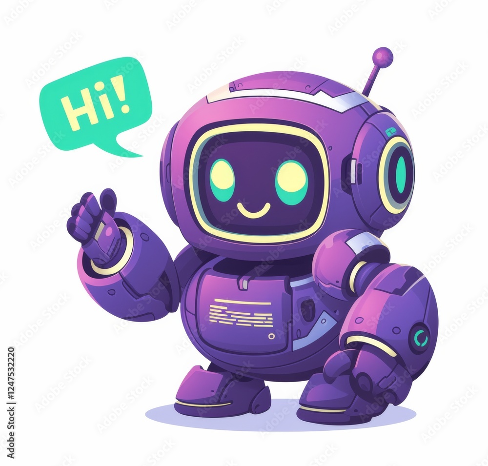 A purple chatbot holding code and waving hello, with a speech bubble and green sticker-like text. A purple chatbot holding code and waving hello, with a speech bubble and green sticker-like text.