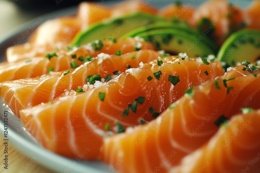 Freshly sliced salmon with avocado garnish Freshly sliced salmon with avocado garnish