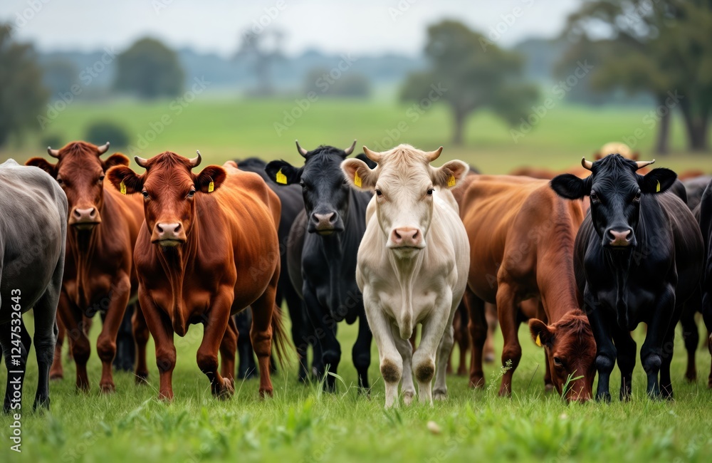 Group of cows grazing in green pasture. Diverse breeds like Speckle Park, Murray Grey, Angus, Wagyu visible. Healthy animals eating fresh grass. Beautiful Australian countryside landscape. Group of cows grazing in green pasture. Diverse breeds like Speckle Park, Murray Grey, Angus, Wagyu visible. Healthy animals eating fresh grass. Beautiful Australian countryside landscape.