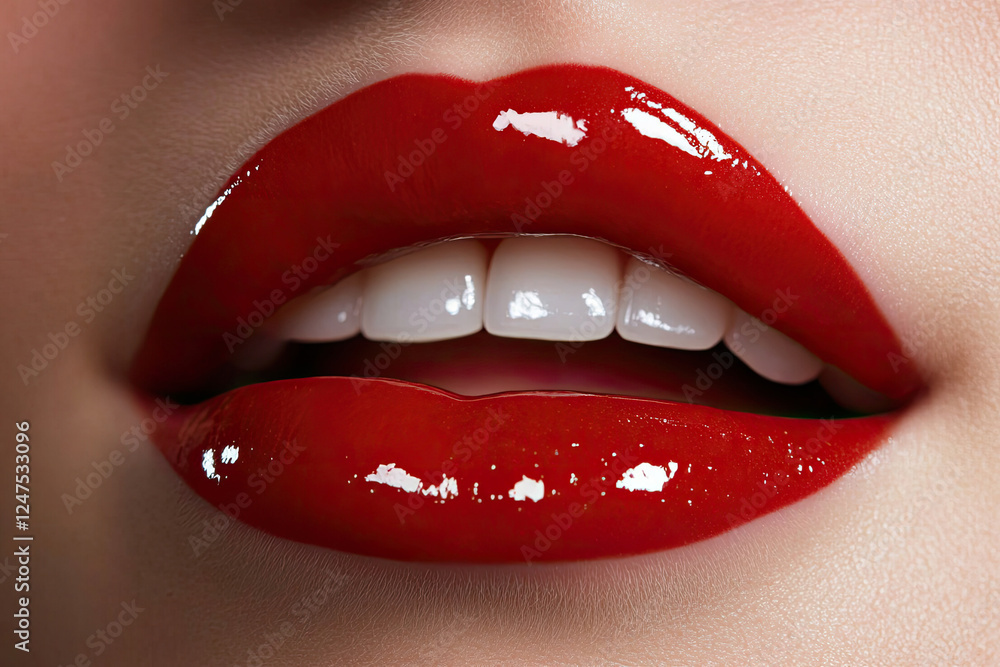 Fototapeta premium Close-up of Glossy Red Lips and White Teeth