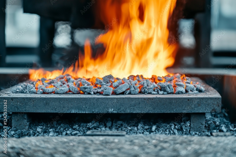 Pile of coal is on a grill, with a fire burning underneath Pile of coal is on a grill, with a fire burning underneath