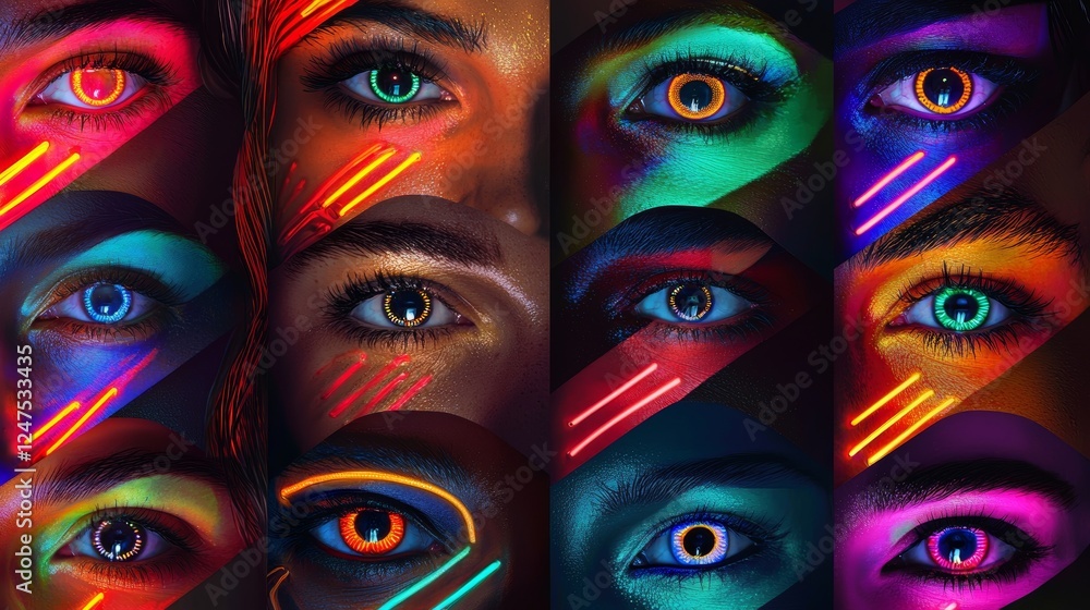 Obraz premium Neon art collage of diverse close-up eyes with glowing striped lights, representing cultural harmony and the unity of all nations