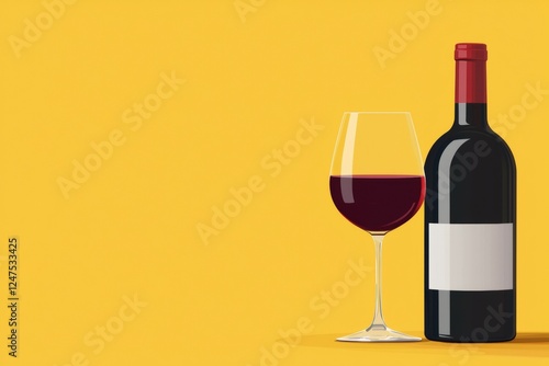 Bottle of red wine and a wine glass are on a yellow background