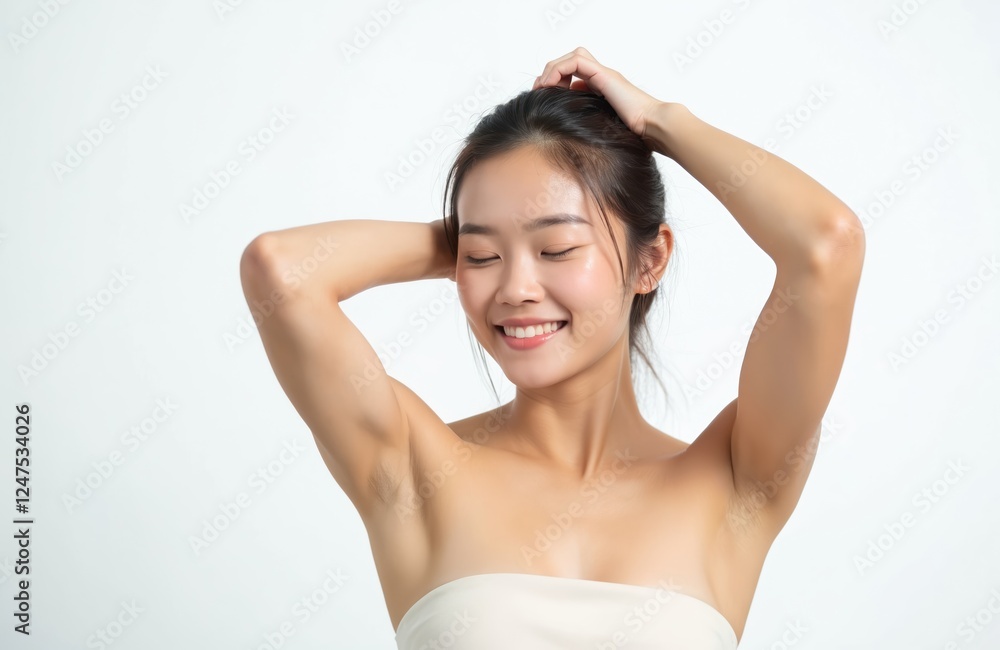 Young Asian woman shows smooth armpits. Poses against white background. Arms lifted. Natural beauty, skincare concept. Focus on healthy underarm care. Cleanliness, freshness highlighted. Natural Young Asian woman shows smooth armpits. Poses against white background. Arms lifted. Natural beauty, skincare concept. Focus on healthy underarm care. Cleanliness, freshness highlighted. Natural