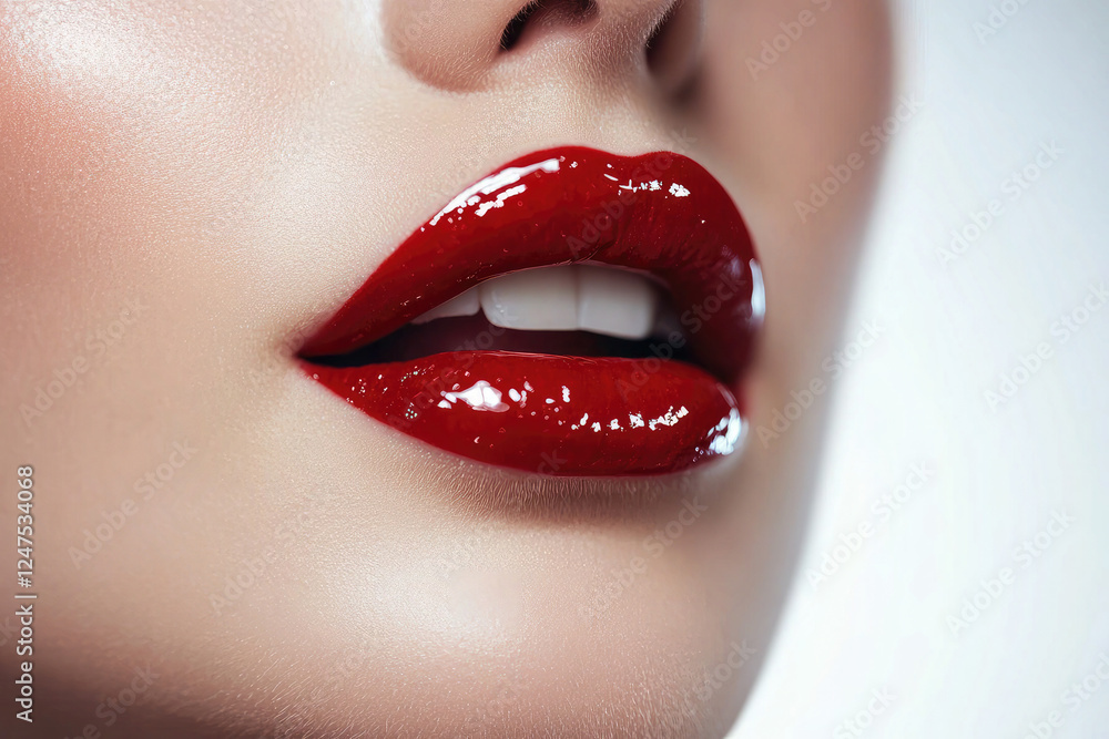 Obraz premium Close-up of Glossy Red Lips and White Teeth
