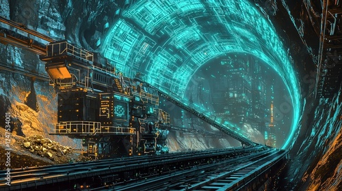 Advanced gold miner machine extracting minerals, glowing conveyor belts, futuristic cyberpunk style, metallic hues, neon blue and green holograms, highly detailed, dramatic lighting photo