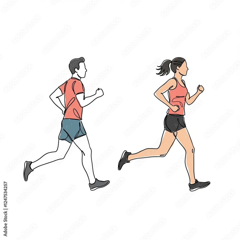 Running man and woman, isolated line drawings with color spots. Male and female runners running. Running man and woman, isolated line drawings with color spots. Male and female runners running.