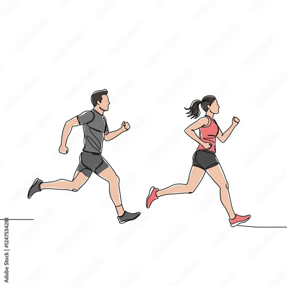Fototapeta premium Running man and woman, isolated line drawings with color spots. Male and female runners running.
