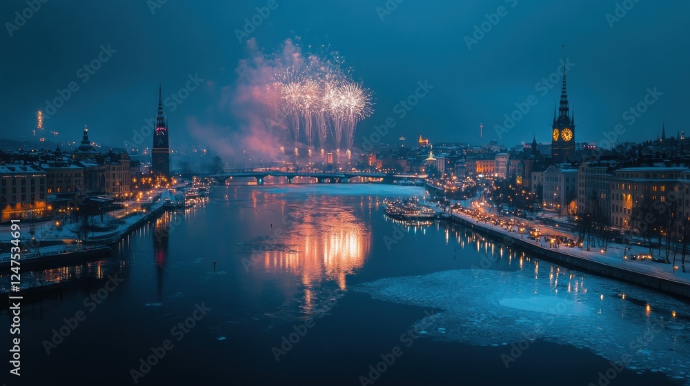 Obraz premium A winter cityscape featuring fireworks over a river, illuminated buildings, and icy waters.