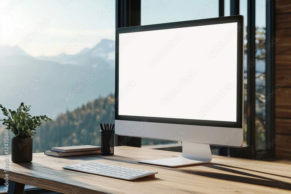 Fototapeta premium Desktop computer with white blank screen on the wooden table
