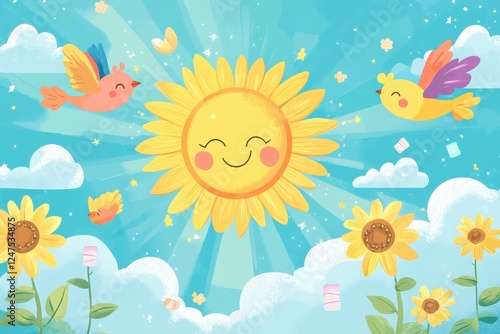 Whimsical cartoon image shows a sunny day with birds