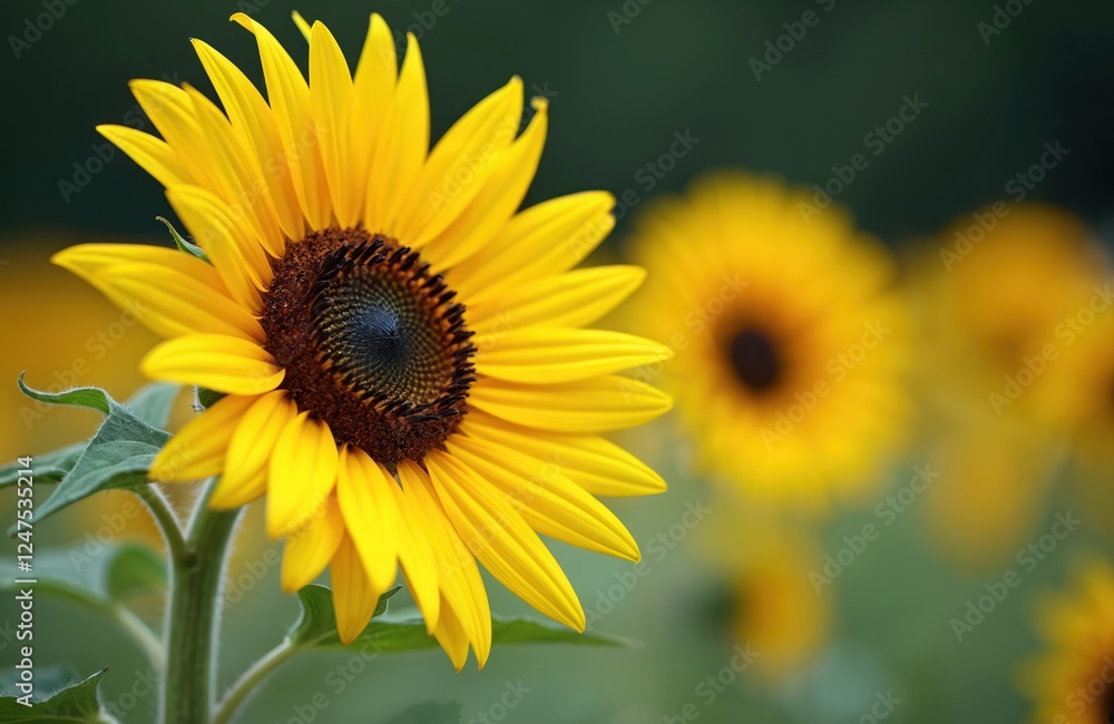 Close-up of sunflower. Bright yellow petals, dark center. Natural summer scene in field. Sunflower plant stands tall. Sunny day. Focus on central flower. Vivid colours. Nature beauty. Plant details. Close-up of sunflower. Bright yellow petals, dark center. Natural summer scene in field. Sunflower plant stands tall. Sunny day. Focus on central flower. Vivid colours. Nature beauty. Plant details.