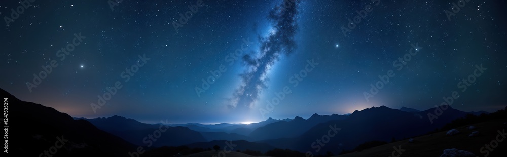 Night sky panorama with Milky Way galaxy over dark silhouette mountains. Starry night landscape with deep blue sky, cosmic nebula. Scenic view of universe. Stunning night photography of starry sky,