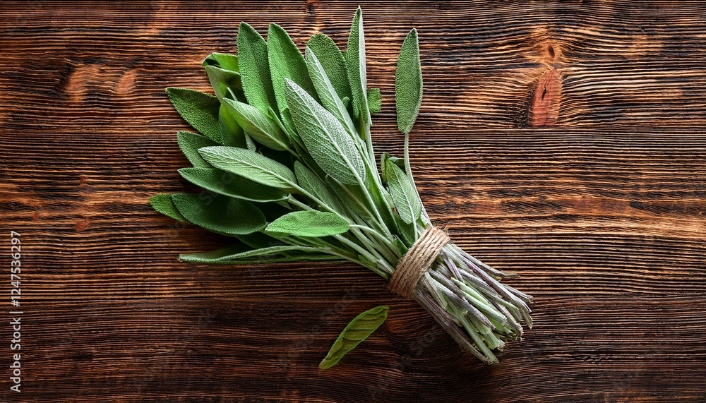 Sage bundle on wooden background, sage herb picked for medicinal and culinary use, overhead view Sage bundle on wooden background, sage herb picked for medicinal and culinary use, overhead view