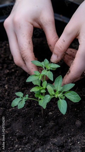 planting a tomato seedling in rich soil photo