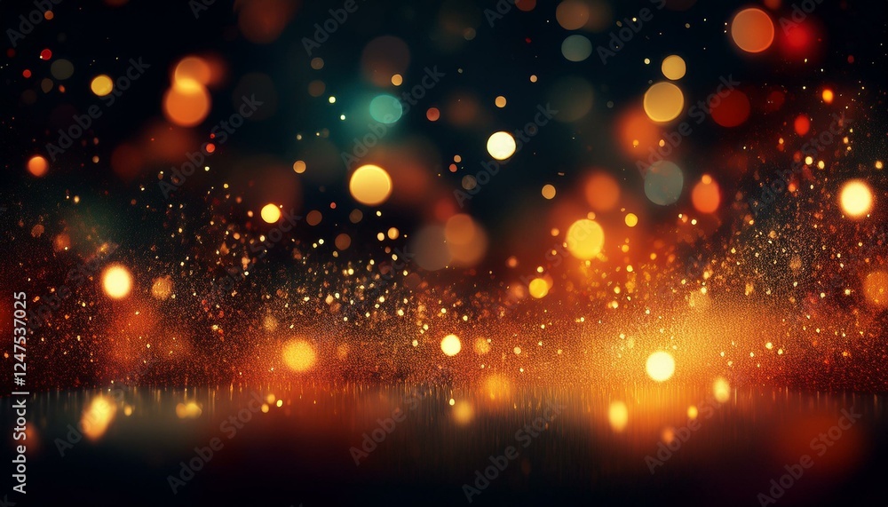 Fototapeta premium Sparks glimmer fire flakes glitter particles bokeh background, blurry color lights on black