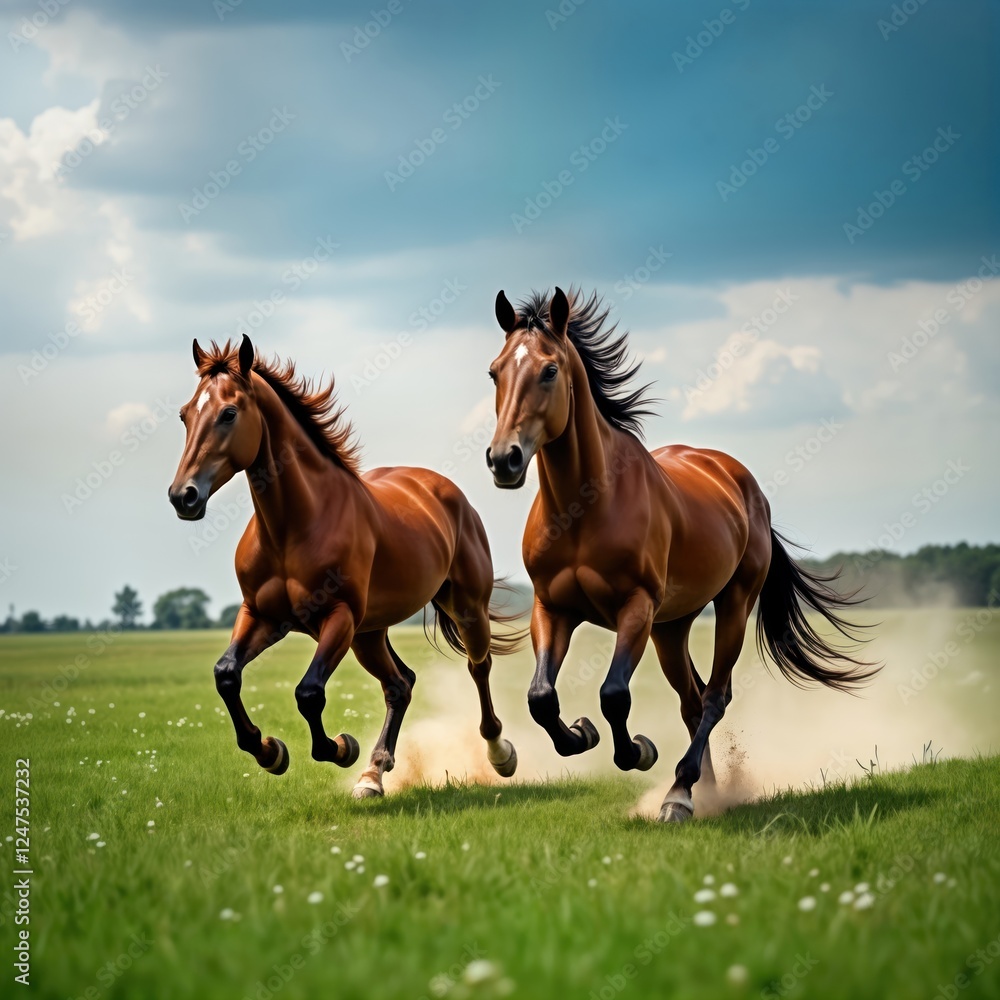 Two brown horses gallop across green meadow. Manes, tails billow in wind. Horses in motion, showing strength, beauty. Summer day scene evokes freedom, wildness. Landscape vibrant, full of life. Two brown horses gallop across green meadow. Manes, tails billow in wind. Horses in motion, showing strength, beauty. Summer day scene evokes freedom, wildness. Landscape vibrant, full of life.