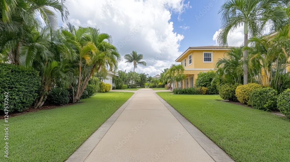 Obraz premium Residential Pathway Between Yellow Houses With Tropical Trees