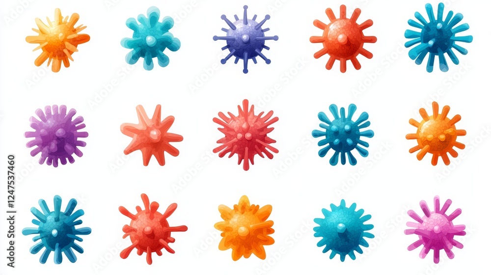 Collage of close-up colorful virus and germ icons, flat design style, isolated on a clean white background, vibrant and playful look Collage of close-up colorful virus and germ icons, flat design style, isolated on a clean white background, vibrant and playful look