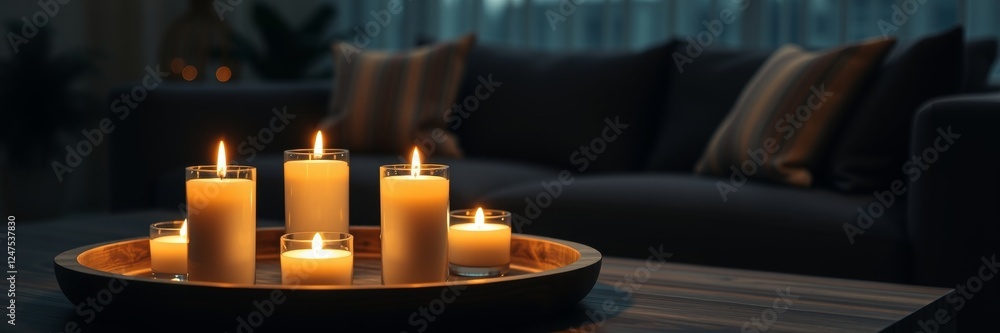 Cozy candles arranged elegantly on a wooden tray create a warm ambiance in a stylish living room with a soft sofa Cozy candles arranged elegantly on a wooden tray create a warm ambiance in a stylish living room with a soft sofa