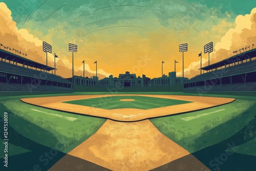 Stylized baseball stadium art depicting an empty baseball field