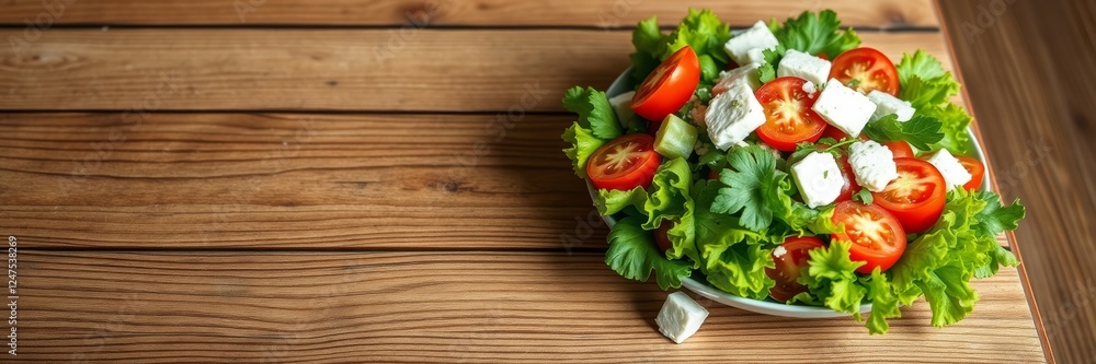Fresh Salad with Tomatoes and Feta Cheese on Wooden Table Conveying a Healthy Lifestyle Choice Fresh Salad with Tomatoes and Feta Cheese on Wooden Table Conveying a Healthy Lifestyle Choice