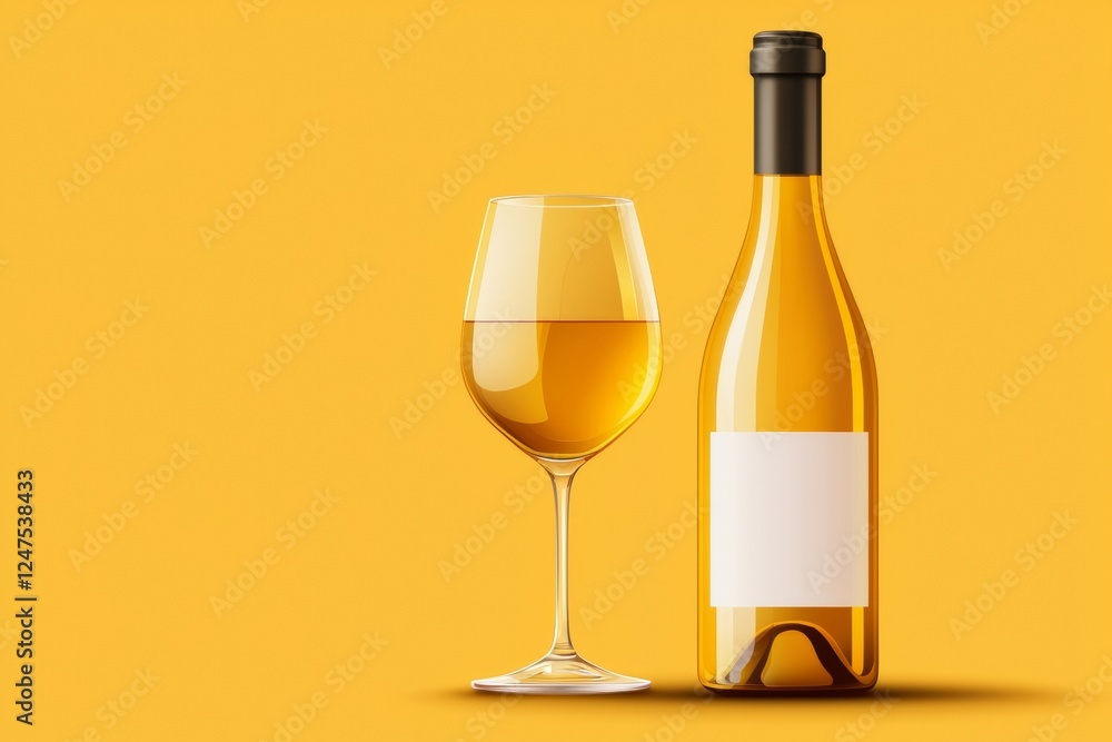 Bottle of wine and a wine glass are on a yellow background Bottle of wine and a wine glass are on a yellow background