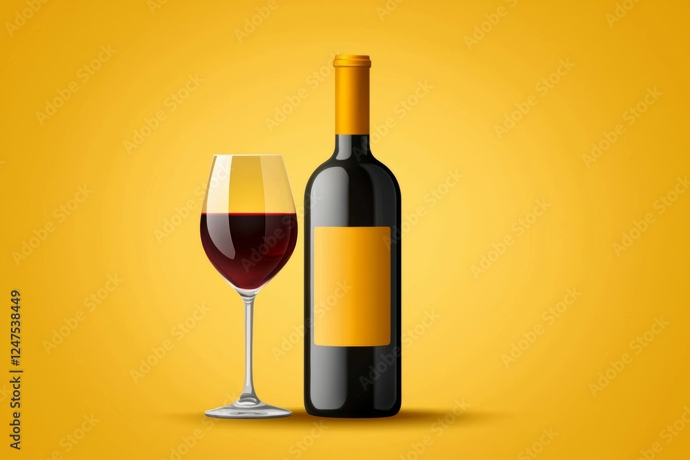 Bottle of wine and a wine glass are on a yellow background Bottle of wine and a wine glass are on a yellow background