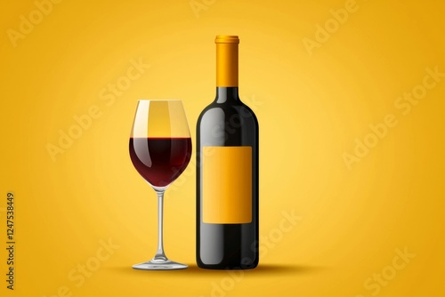 Bottle of wine and a wine glass are on a yellow background photo