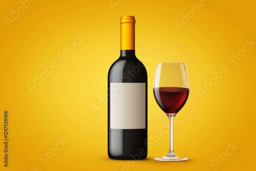 Bottle of wine and a wine glass are on a yellow background photo