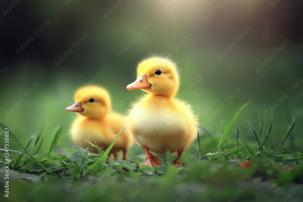 Two baby ducks standing in a grassy field Two baby ducks standing in a grassy field