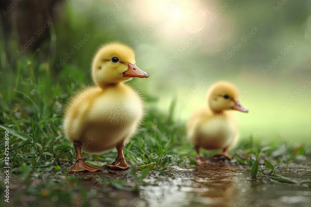 Fototapeta premium Two baby ducks are standing in a pond