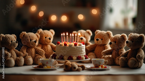 group of teddy bears gathered around birthday cake with candles, celebrating joyfully. warm ambiance and soft lighting create delightful atmosphere for this charming tea party photo