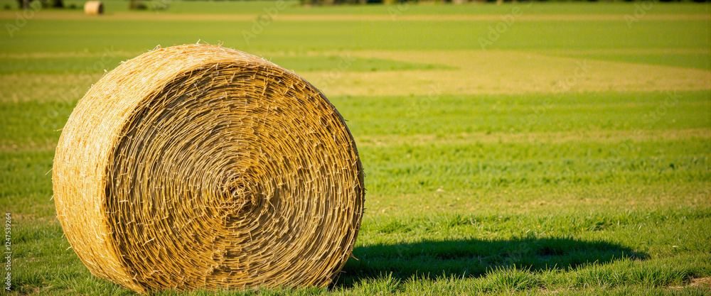Sunlit hay bale in green pasture exuding a serene atmosphere, symbolizing rural charm and agricultural life within a vast field Sunlit hay bale in green pasture exuding a serene atmosphere, symbolizing rural charm and agricultural life within a vast field