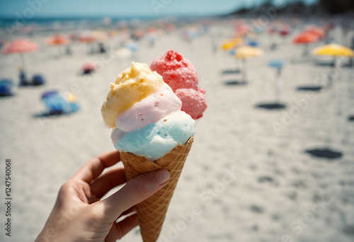 ice view holding cone point summer cream sunny beach hand vivid umbrellas pov image of sand subjective documentary authentic reality people vacation leisure coastal relaxation ocean shoreline day